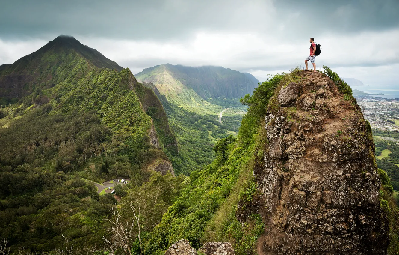 Photo wallpaper sky, mountains, danger, hiker, Climb, Peek, risky