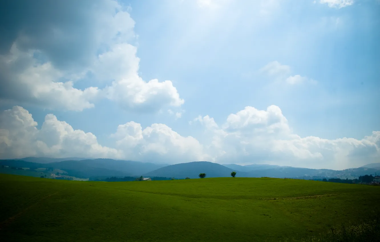 Photo wallpaper the sky, grass, hills