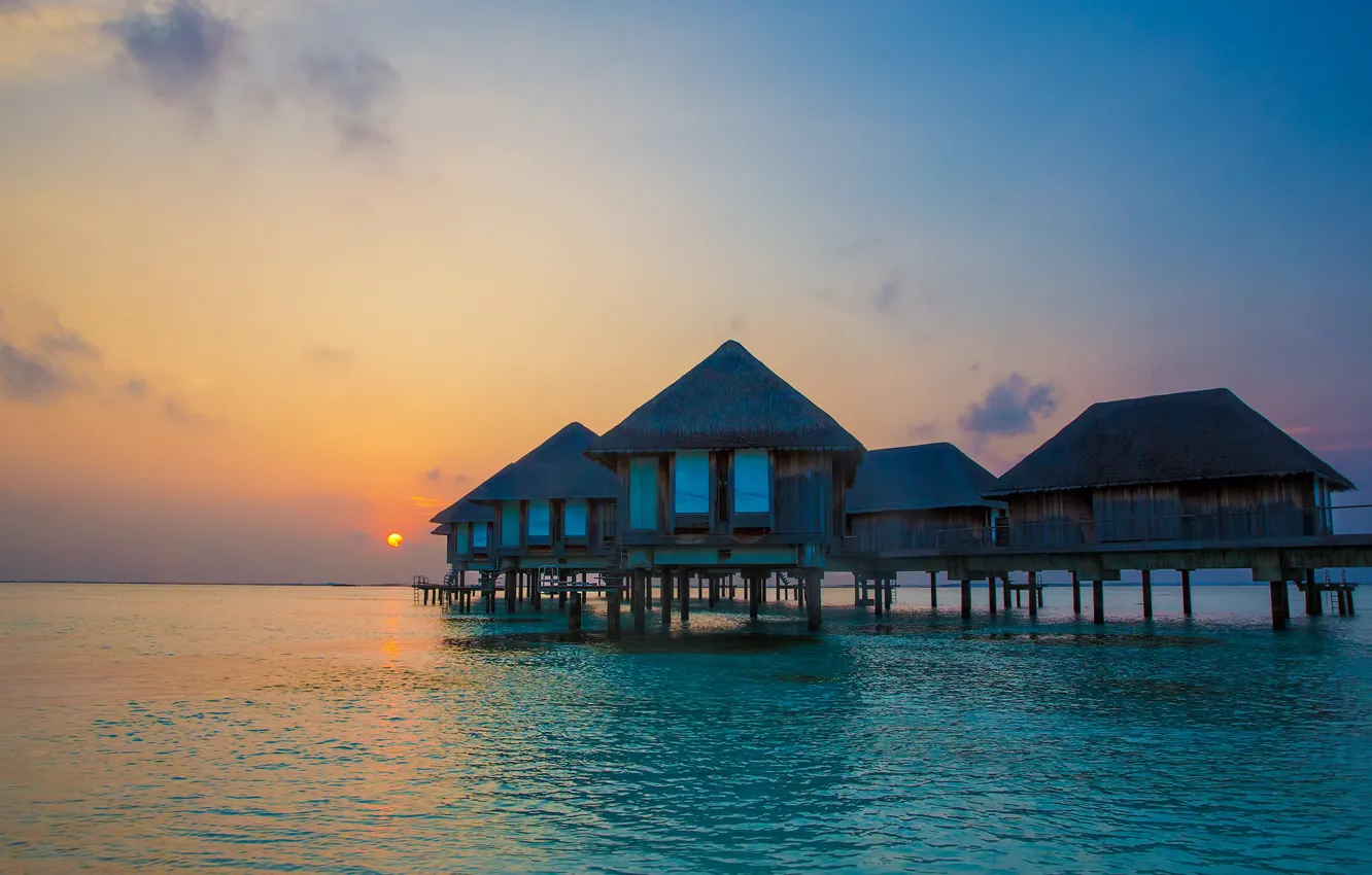 Photo wallpaper sunset, stay, Paradise, The Maldives, Bungalow, The Indian ocean