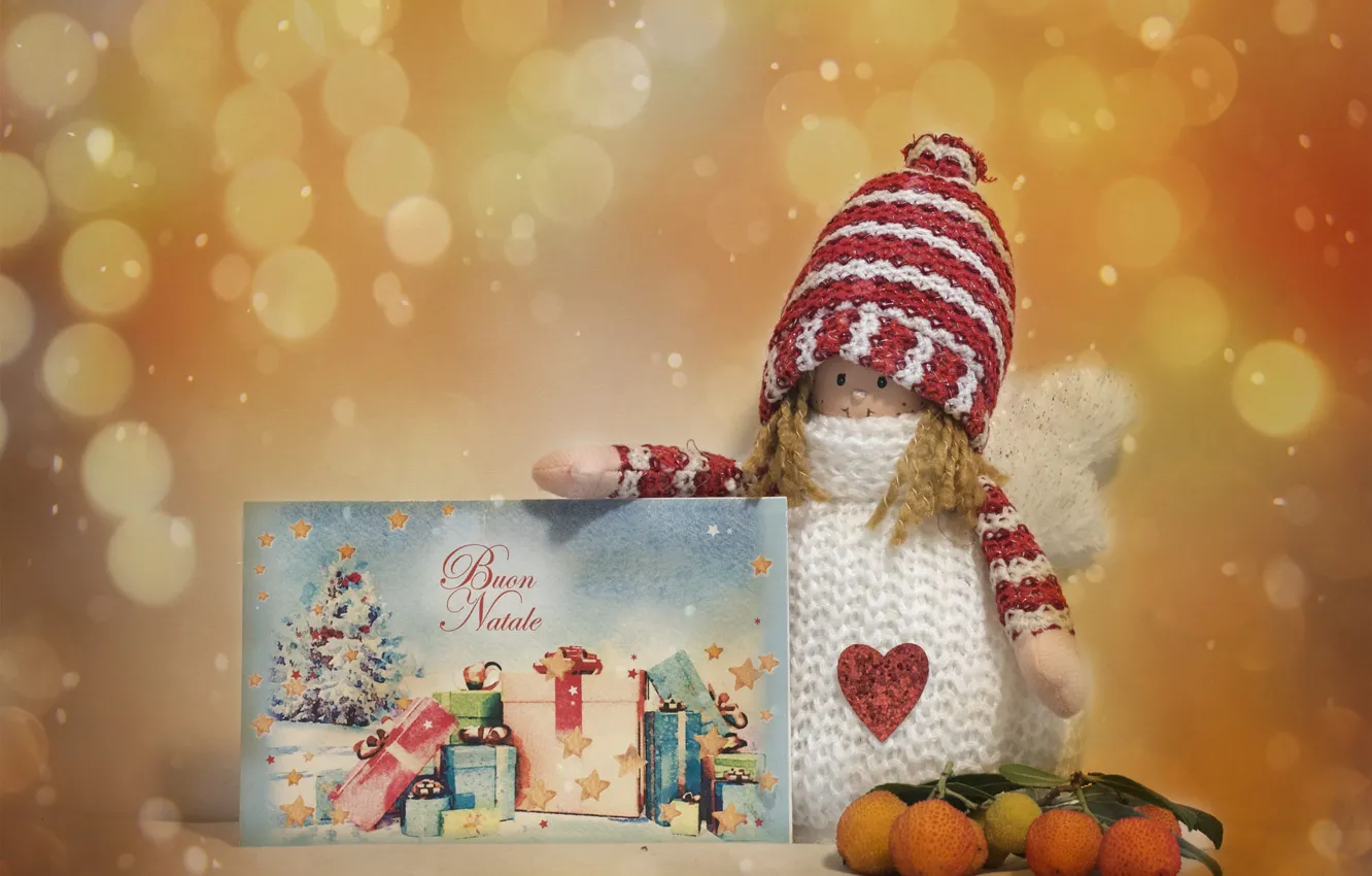 Photo wallpaper glare, toy, new year, doll, Christmas, hearts, orange background, cap