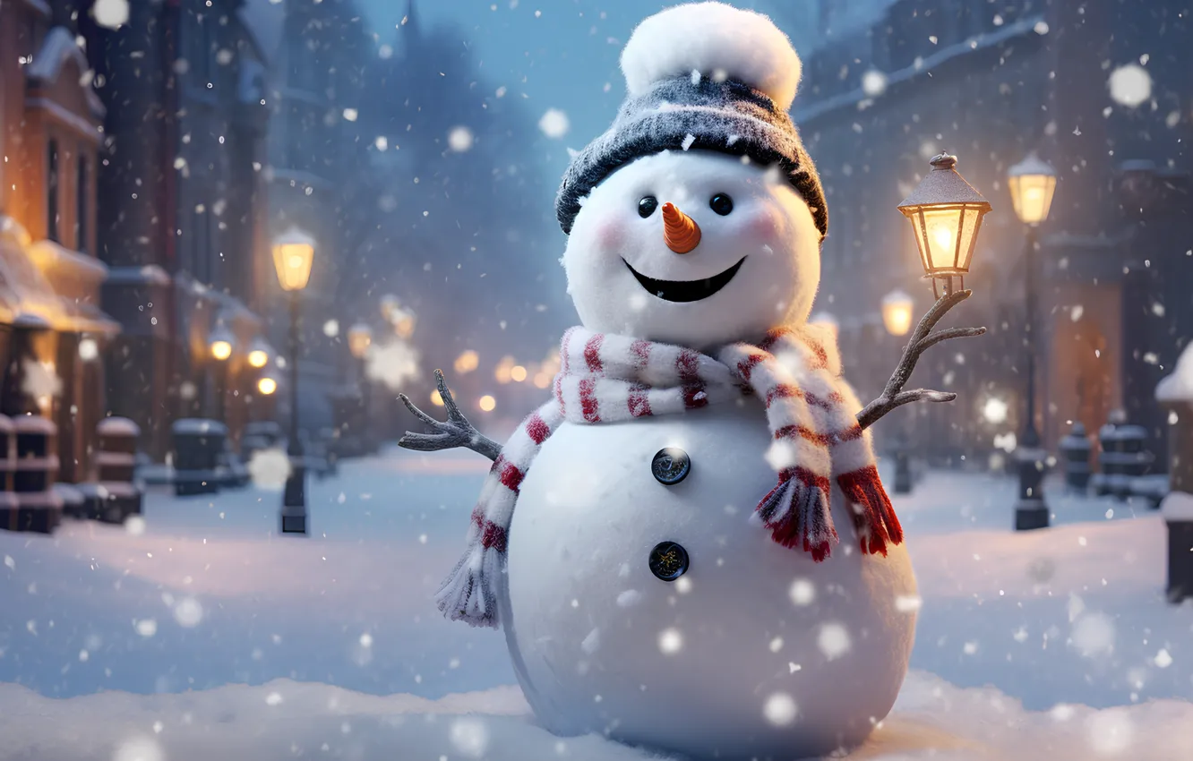 Photo wallpaper winter, snow, new year, Christmas, snowman, Christmas, night, winter