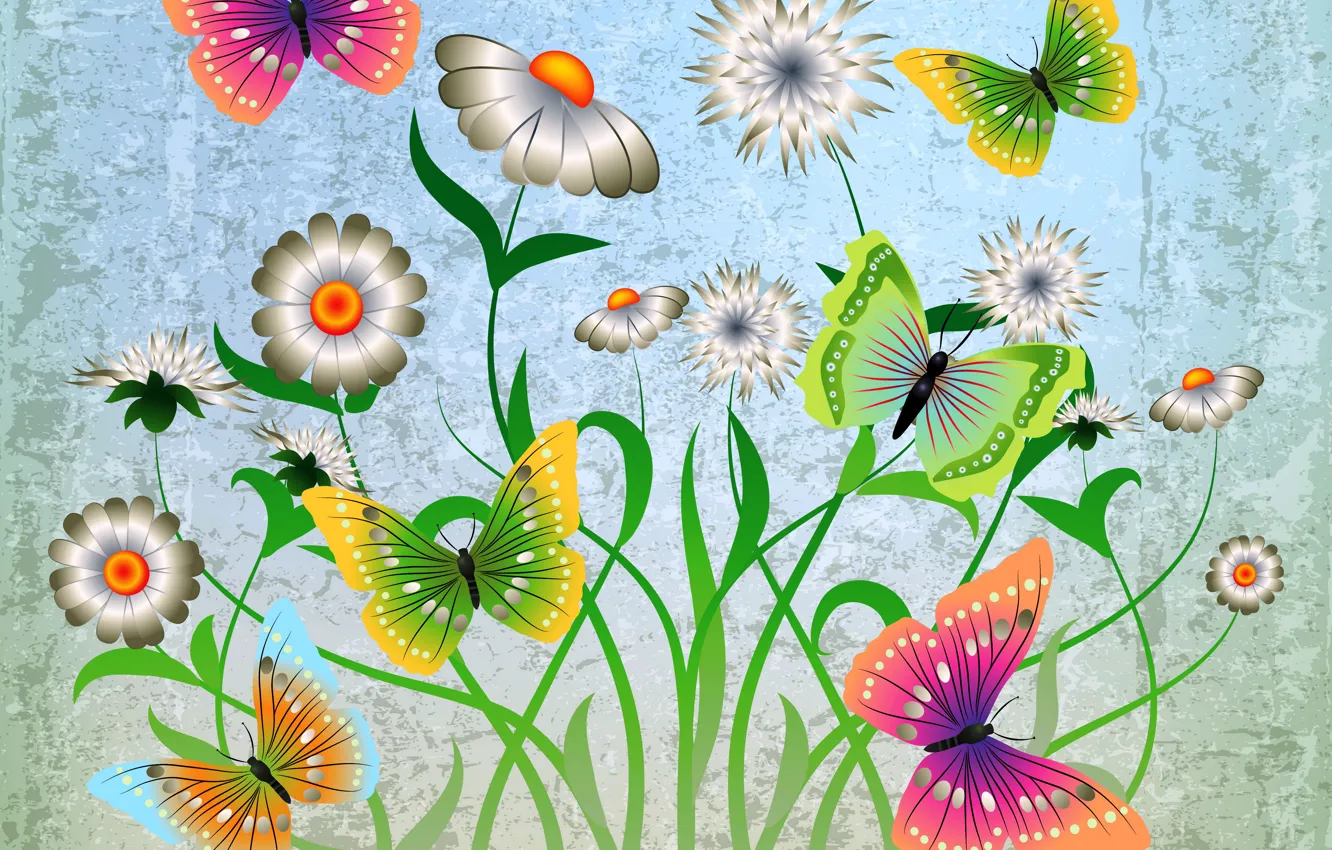 Photo wallpaper butterfly, flowers, abstract, design, flowers, grunge, butterflies