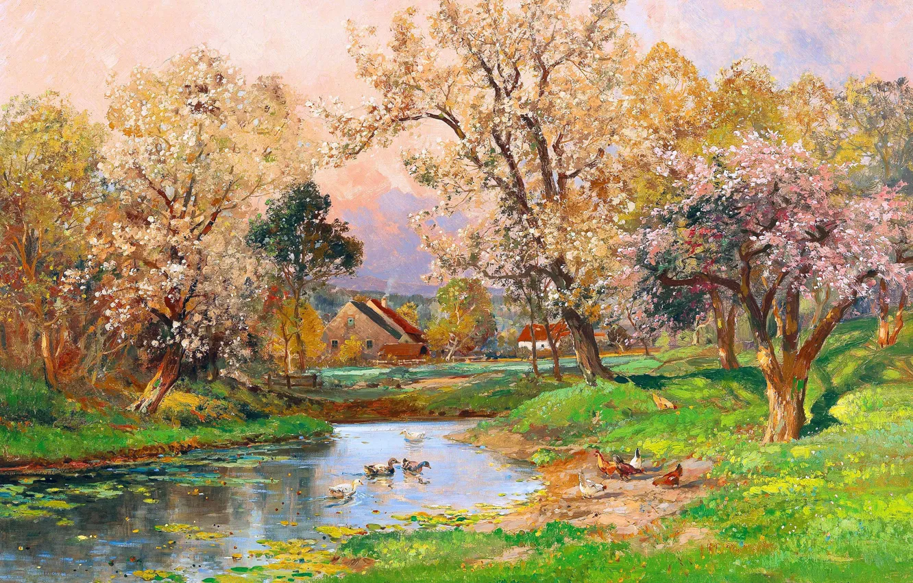 Photo wallpaper Home, Trees, Pond, Picture, Alois Arnegger, Duck, Spring landscape, Alois Arnegger