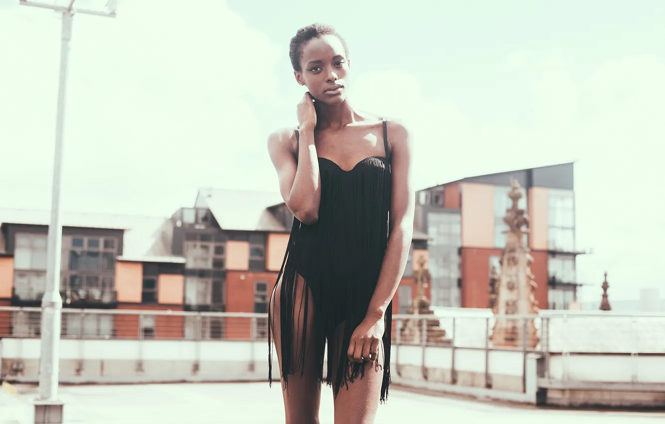 Photo wallpaper swimsuit, girl, the sun, the city, feet, hair, home, antenna