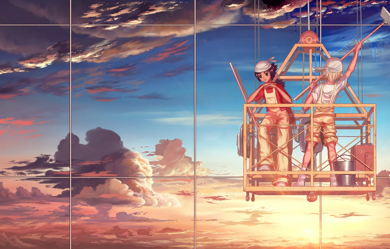 Photo wallpaper water, girl, clouds, the city, reflection, window, MOP, wash