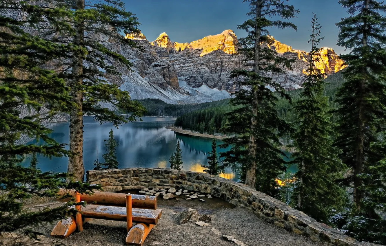 Photo wallpaper landscape, mountains, lake, bench