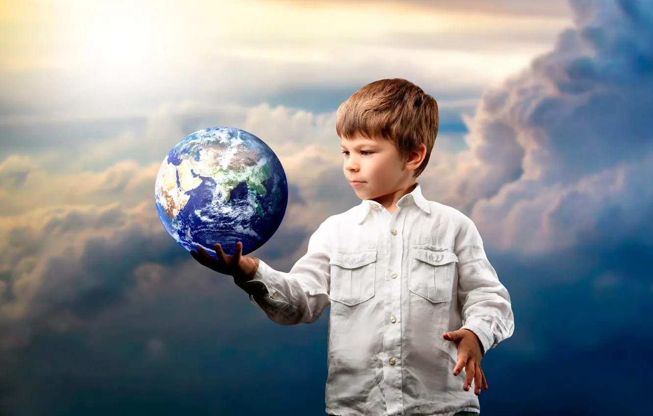 Photo wallpaper clouds, children, earth, planet