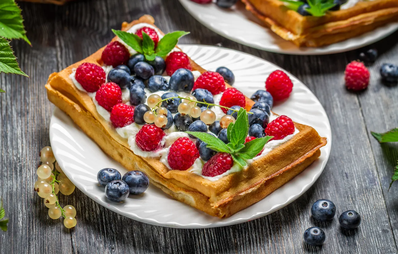 Photo wallpaper berries, raspberry, blueberries, plate, dessert, currants, puff