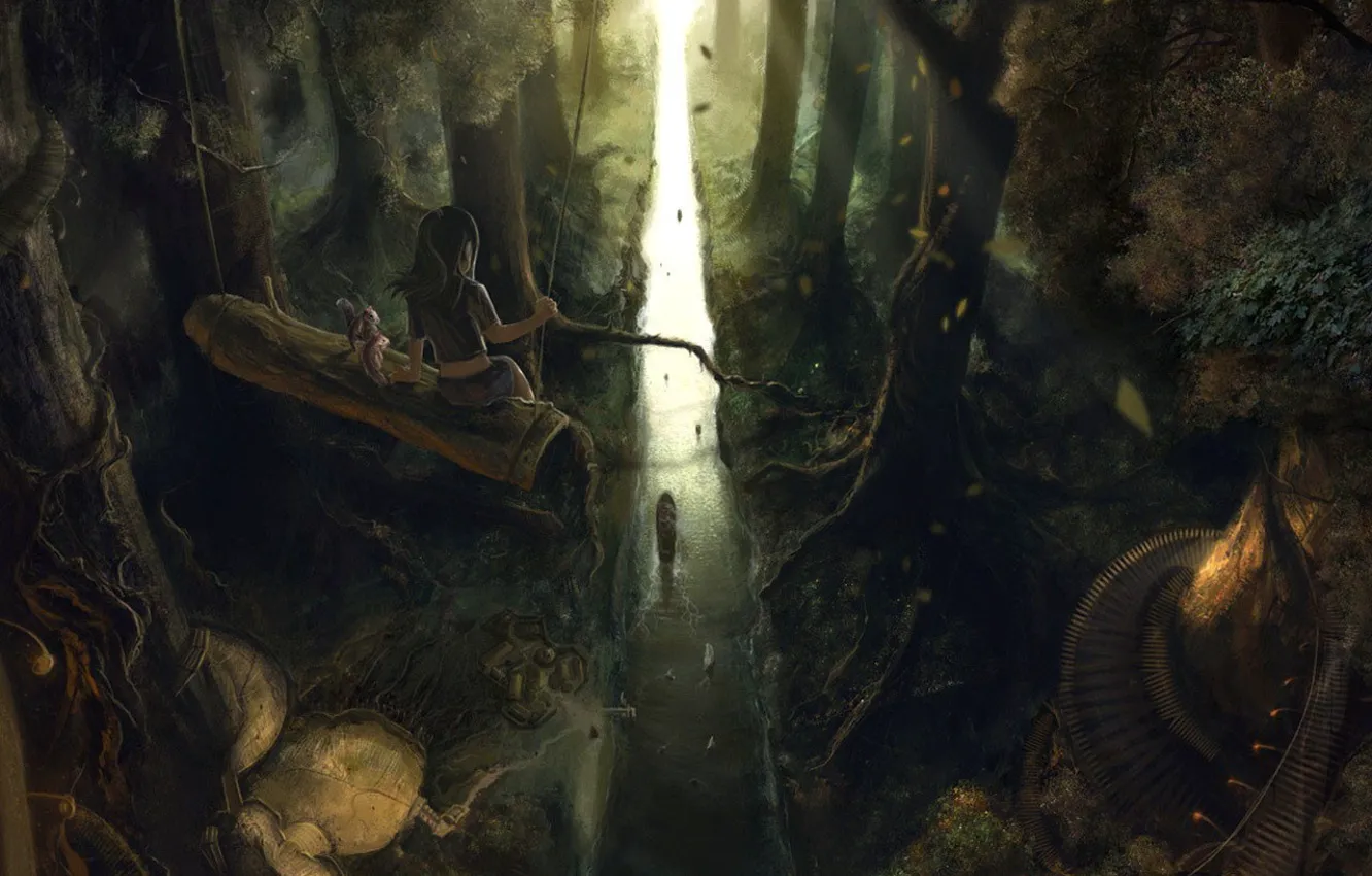 Photo wallpaper trees, swing, girl