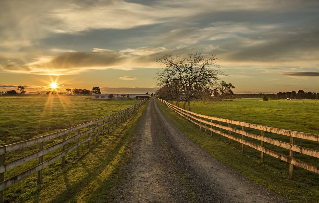 Photo wallpaper road, sunset, the fence, farm