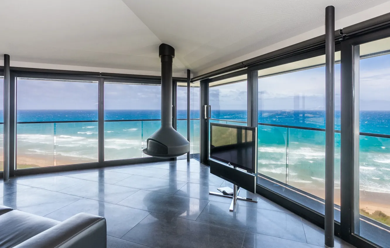 Photo wallpaper interior, TV, fireplace, living room, Fairhaven Holiday House, THE POLE HOUSE