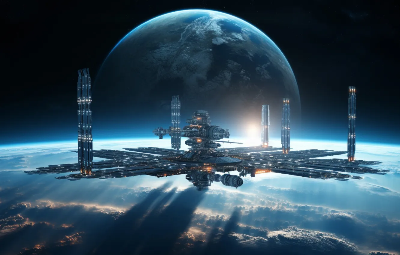 Photo wallpaper the sun, space, clouds, flight, lights, fog, future, fiction