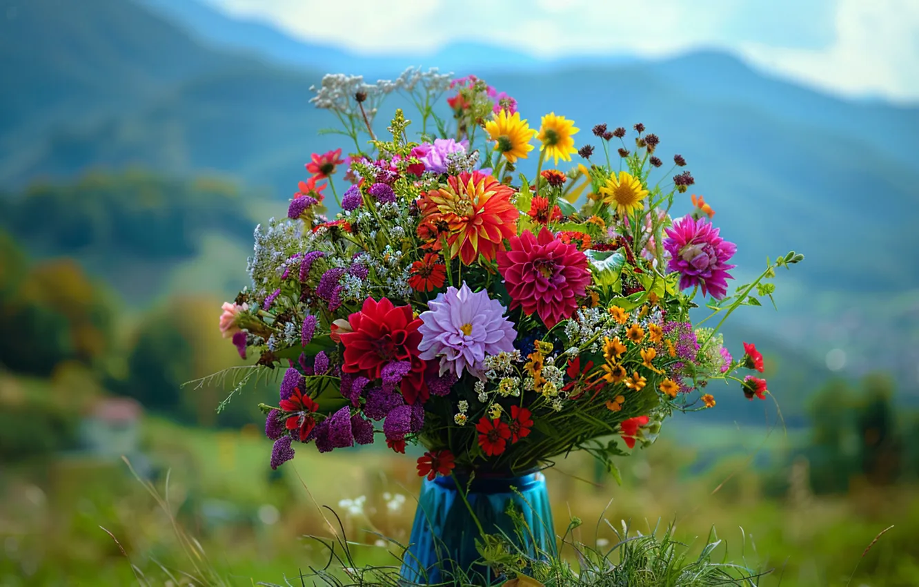 Photo wallpaper different, vase, flowers, bouquet, AI art, neural network