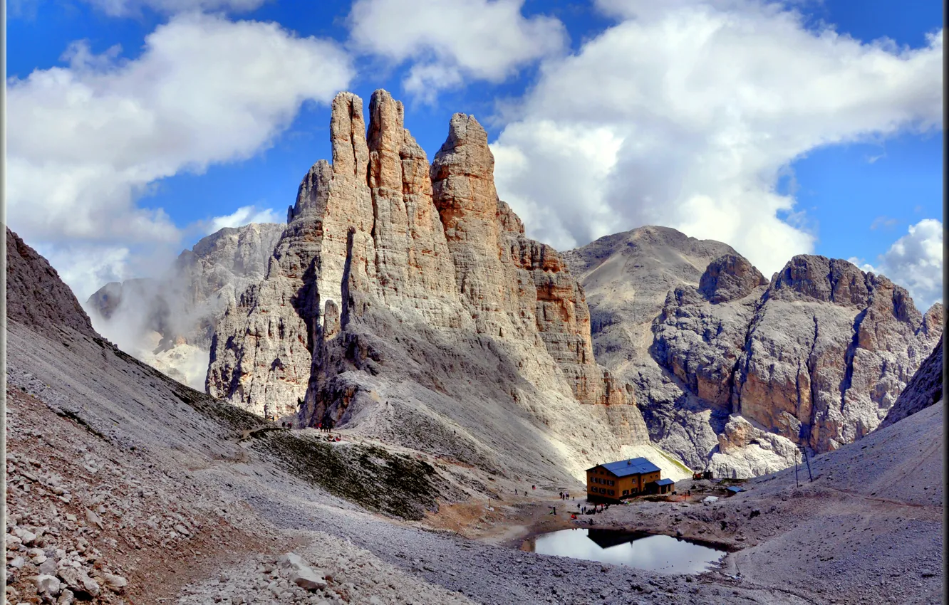 Photo wallpaper the sky, clouds, mountains, lake, house, Italy, The Dolomites