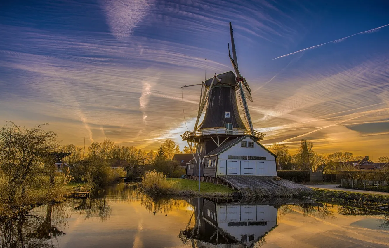 Photo wallpaper the sky, sunset, the evening, mill