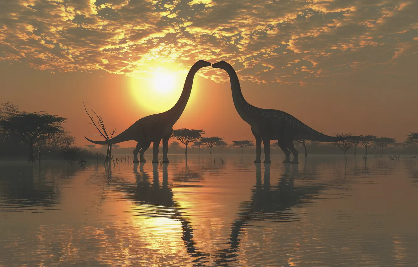 Photo wallpaper the sun, reflection, river, animal, dawn, dinosaur, two, digital art