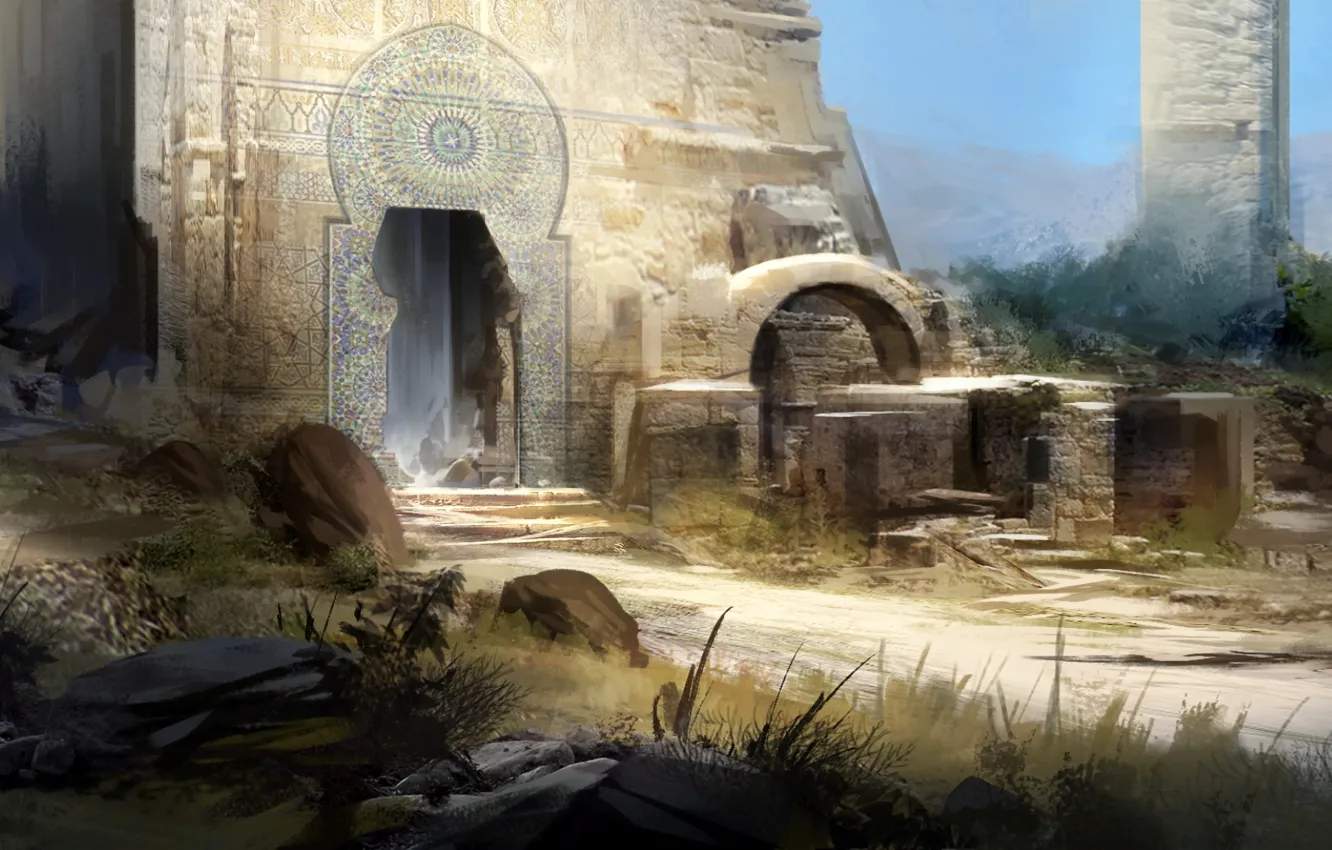 Photo wallpaper road, the sky, grass, pattern, ruins, entrance, ruins