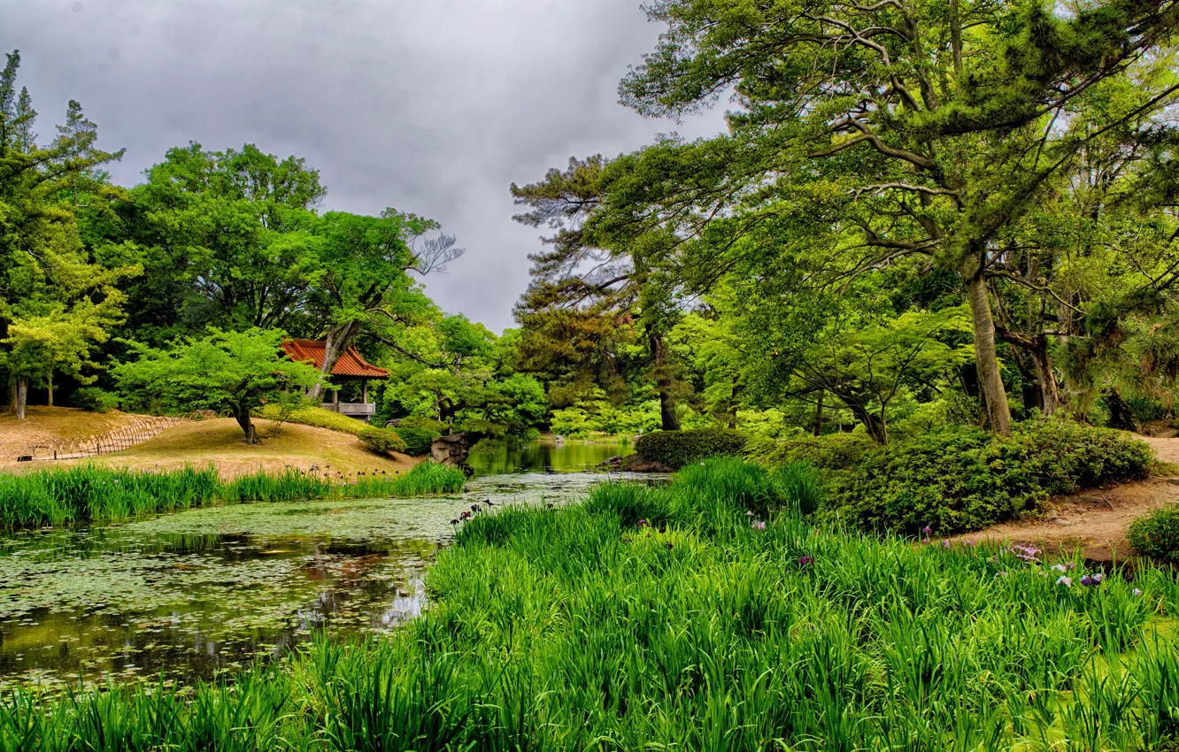 Photo wallpaper greens, grass, trees, pond, Japan, garden, gazebo, Takamatsu