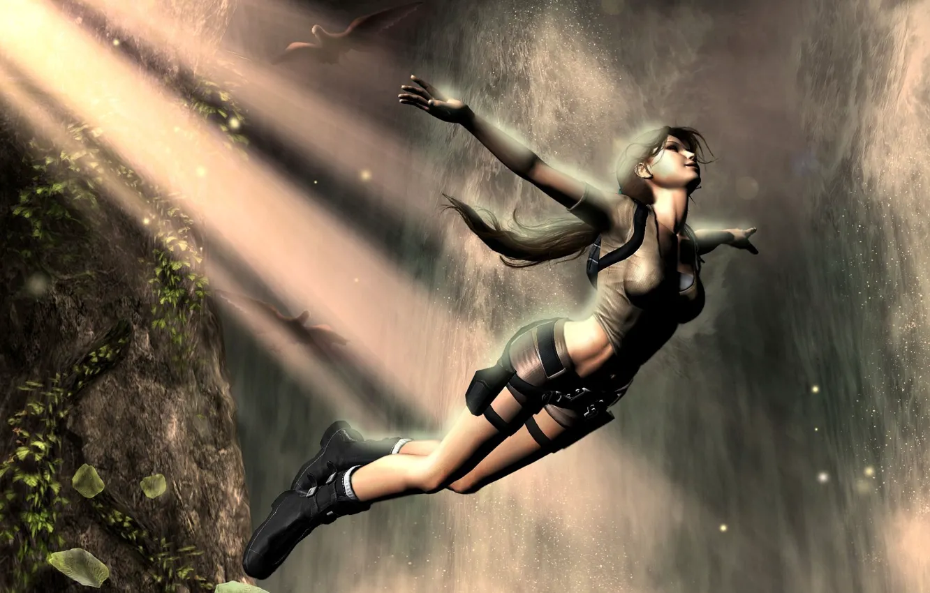Photo wallpaper girl, birds, rock, fiction, jump, waterfall, Tomb Raider, Lara Croft