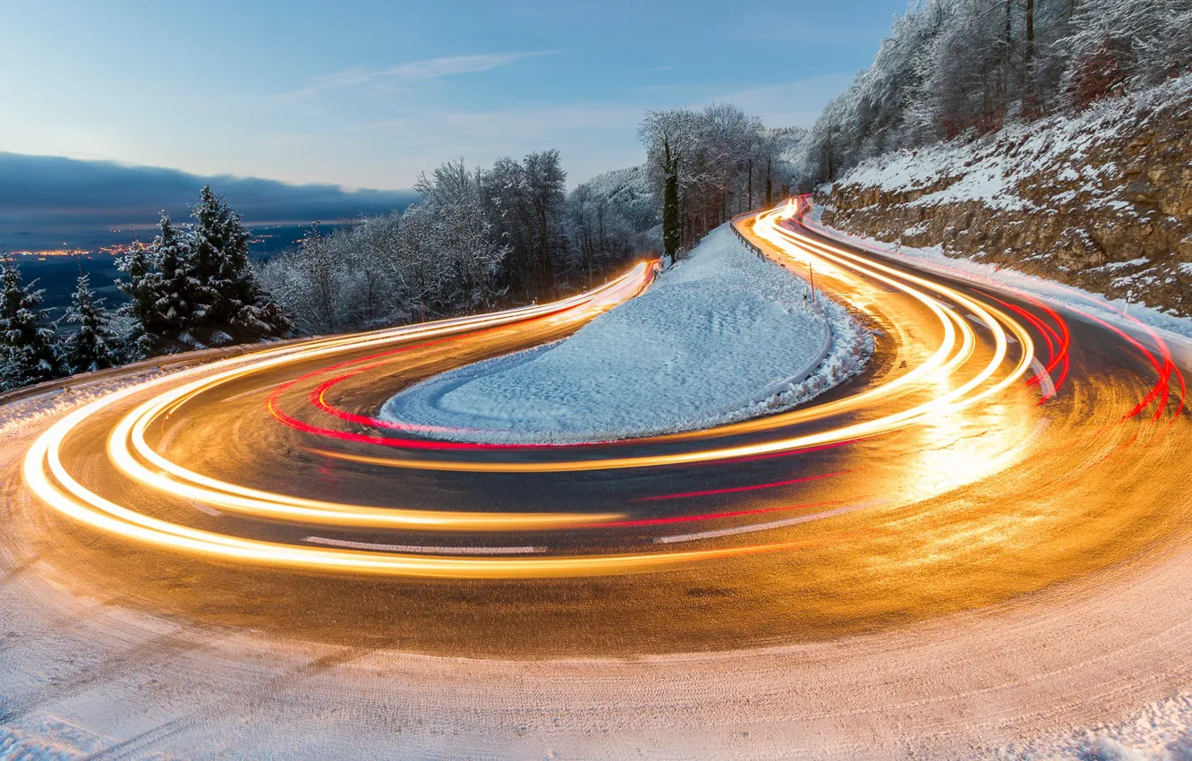 Photo wallpaper winter, road, light, snow, trees, lights, the evening, excerpt