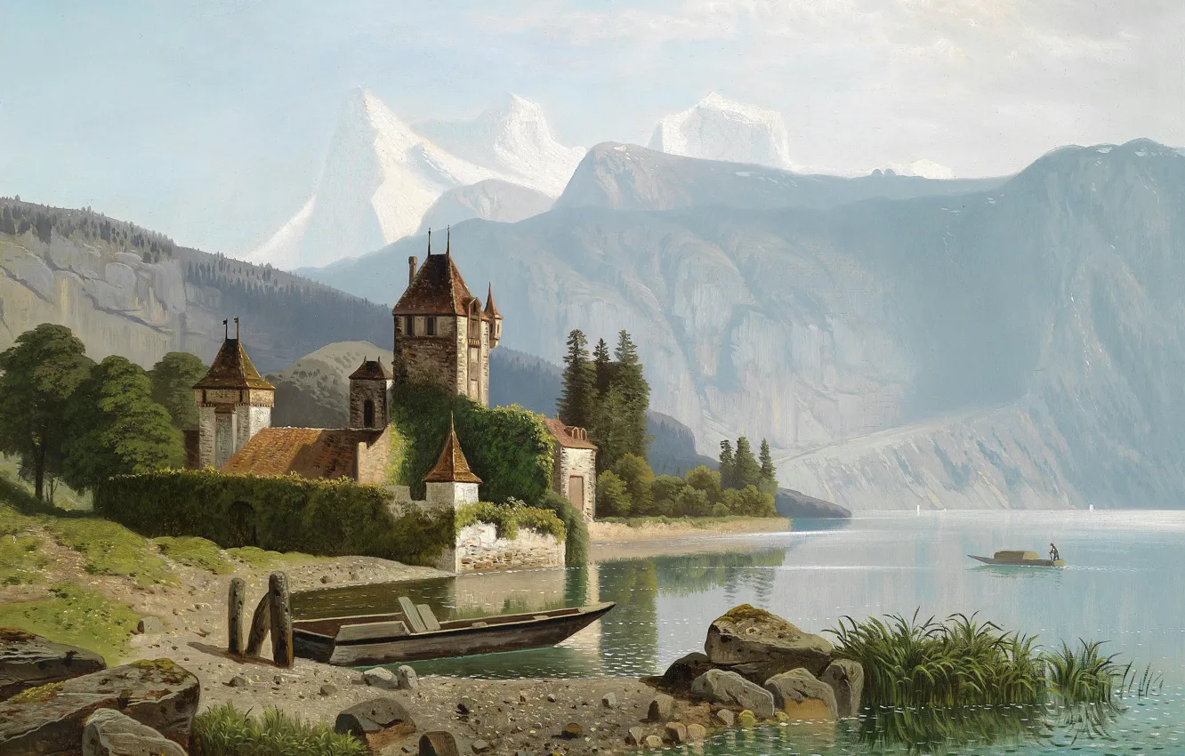 Photo wallpaper picture, painting, painting, View of Castle Oberhofen on Lake Thun, 1865, Theodor Cam