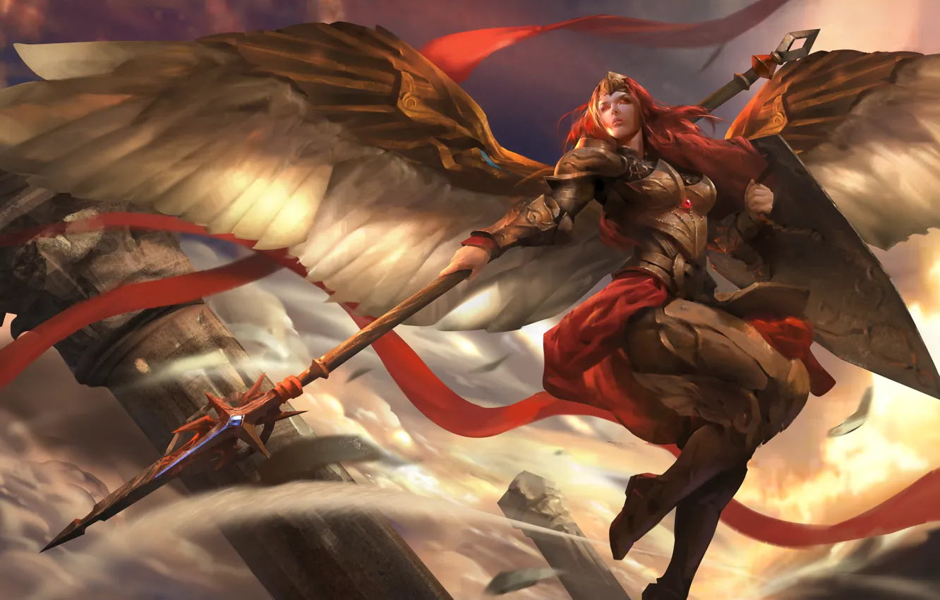 Photo wallpaper wings, warrior, spear, shield, Heroes of Newerth, Valkyrie, Adkarna Valkyrie