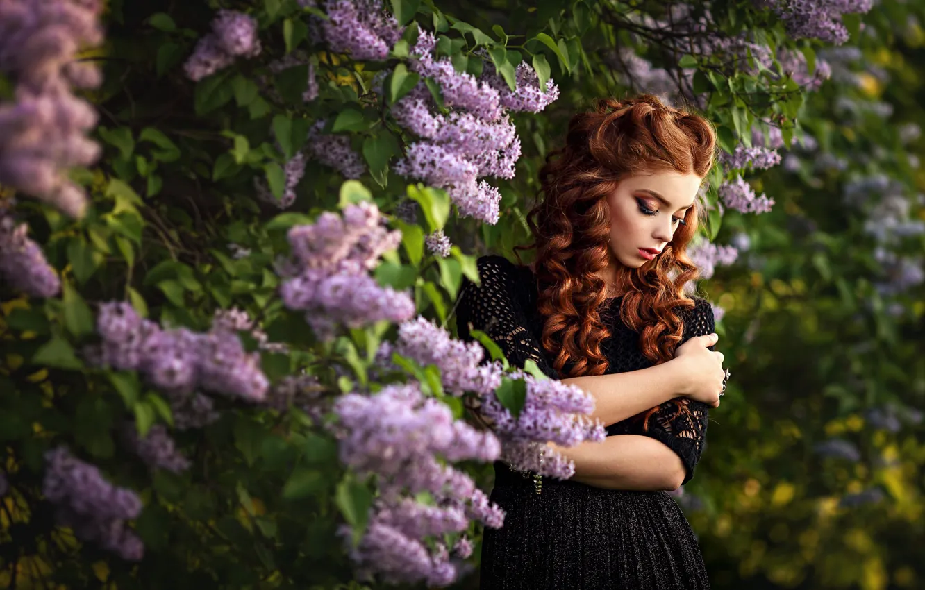 Photo wallpaper girl, pose, spring, makeup, dress, red, curls, lilac