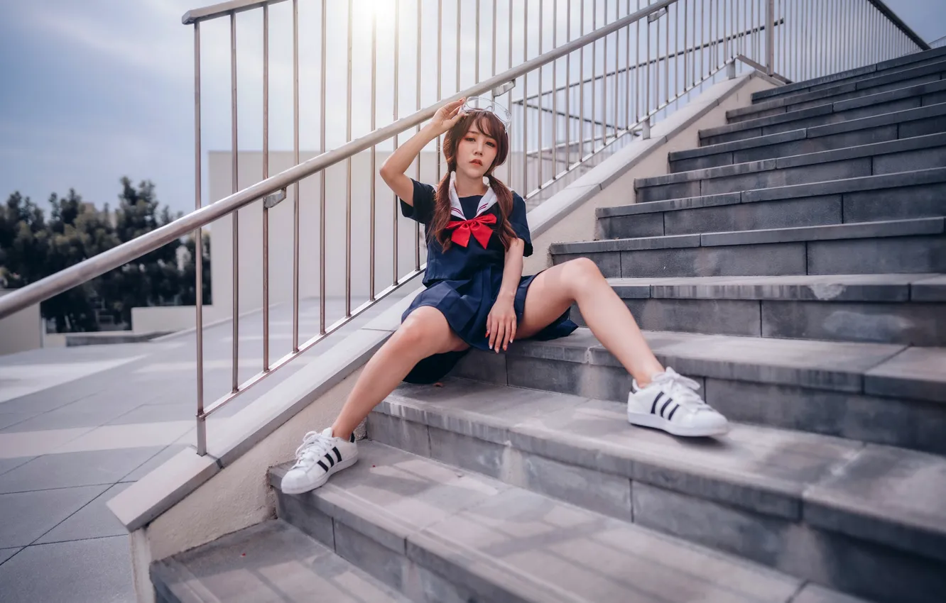 Photo wallpaper girl, sexy, pose, stage, Asian, uniform, sneakers, short skirt