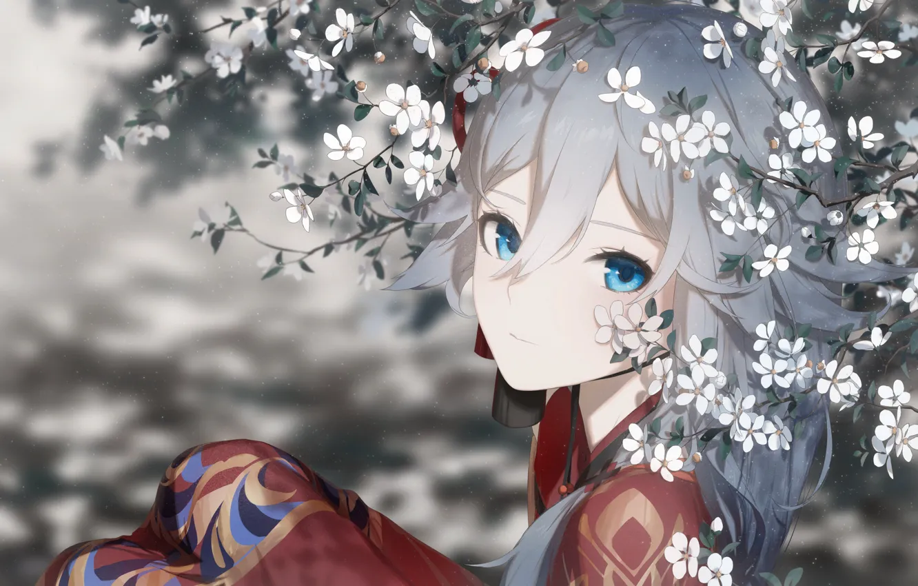 Photo wallpaper girl, Honkai Impact 3, Azure Empyrea, flowering branches