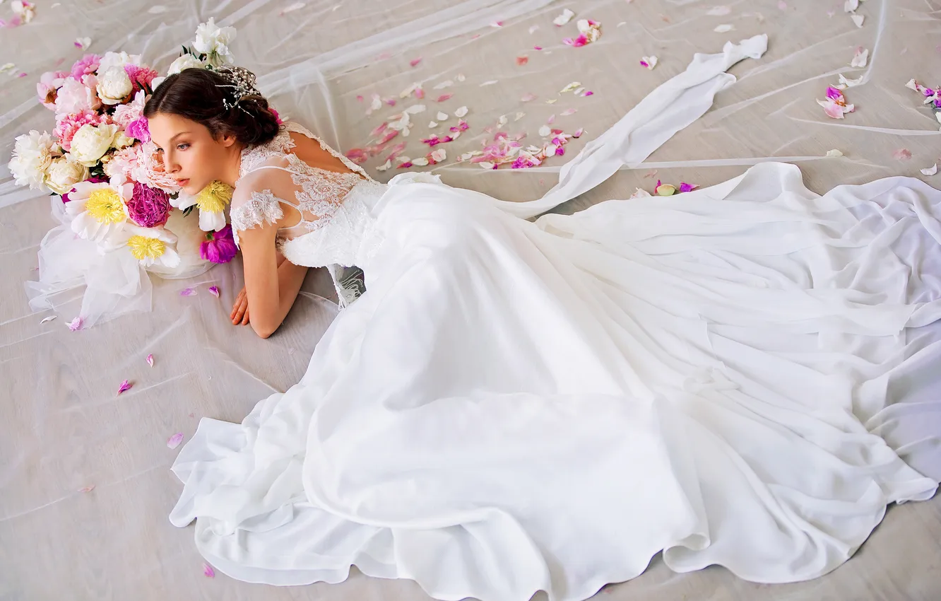 Photo wallpaper flowers, petals, dress, The bride