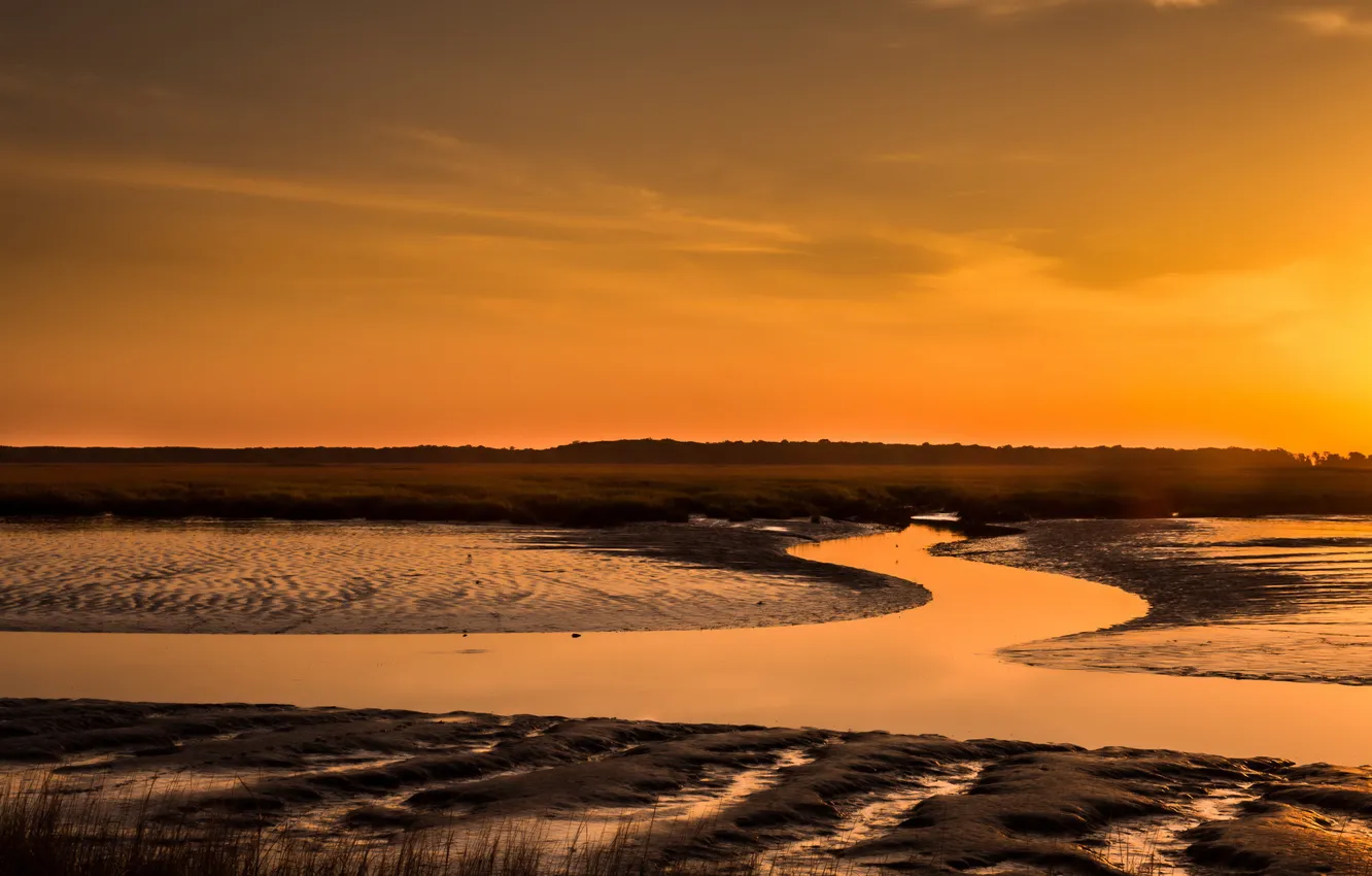 Photo wallpaper landscape, sunset, river