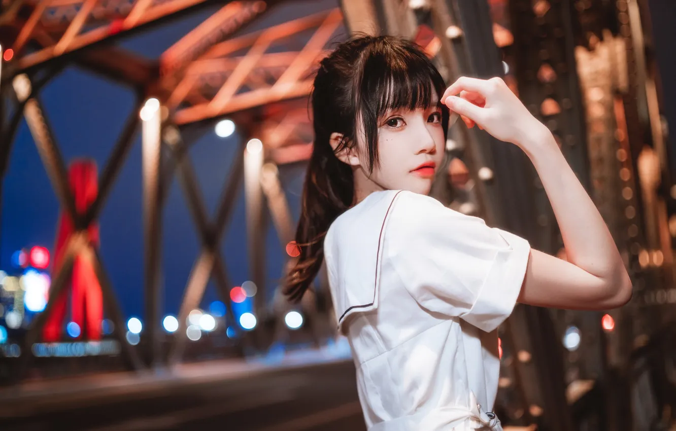 Photo wallpaper lights, road, woman, bridge, night, beautiful, model, pretty