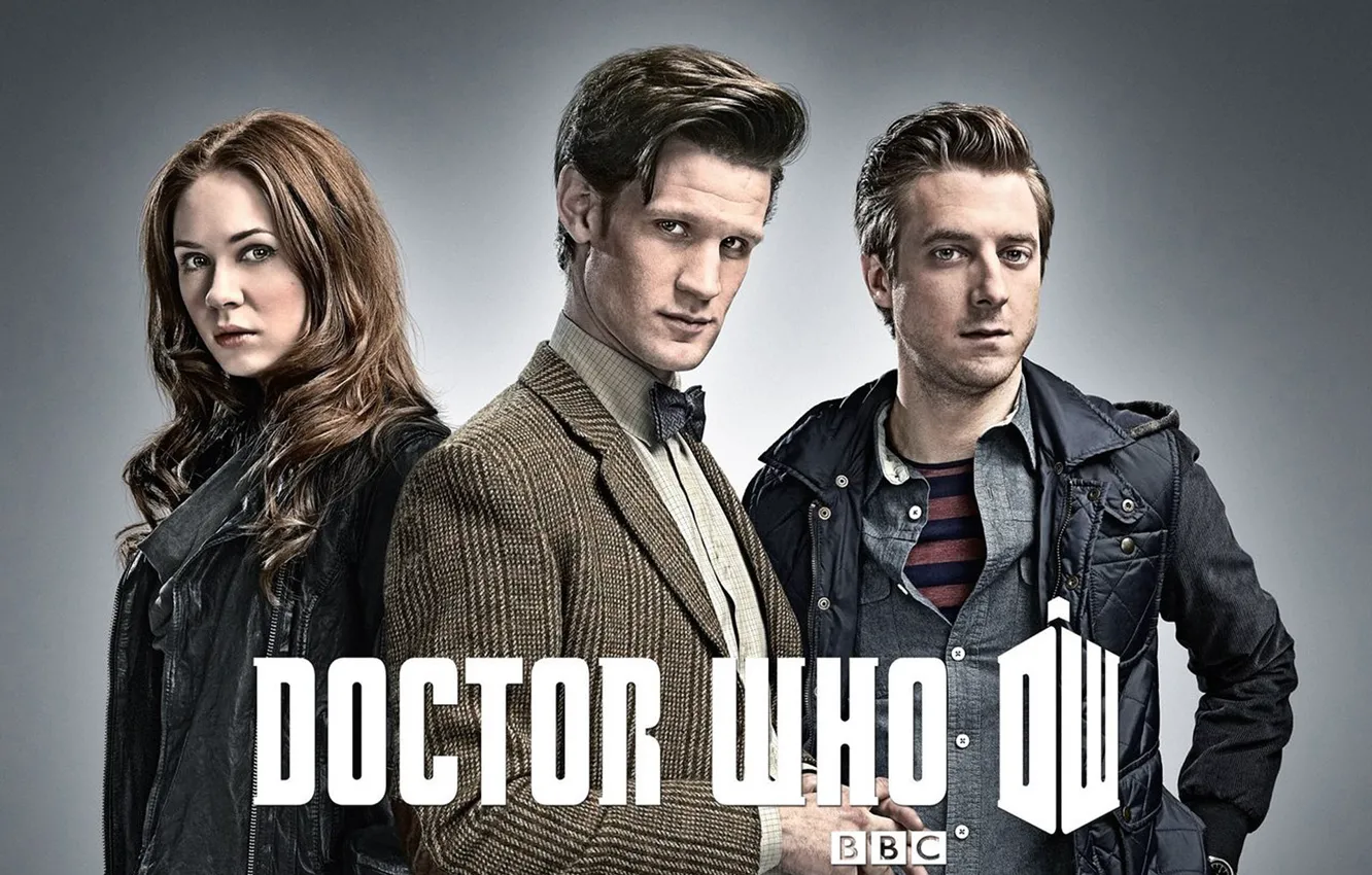 Photo wallpaper look, girl, actress, actor, male, shirt, grey background, Doctor Who