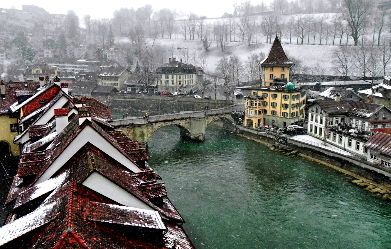 Photo wallpaper winter, bridge, the city, river, Switzerland, roof, channel, Bern