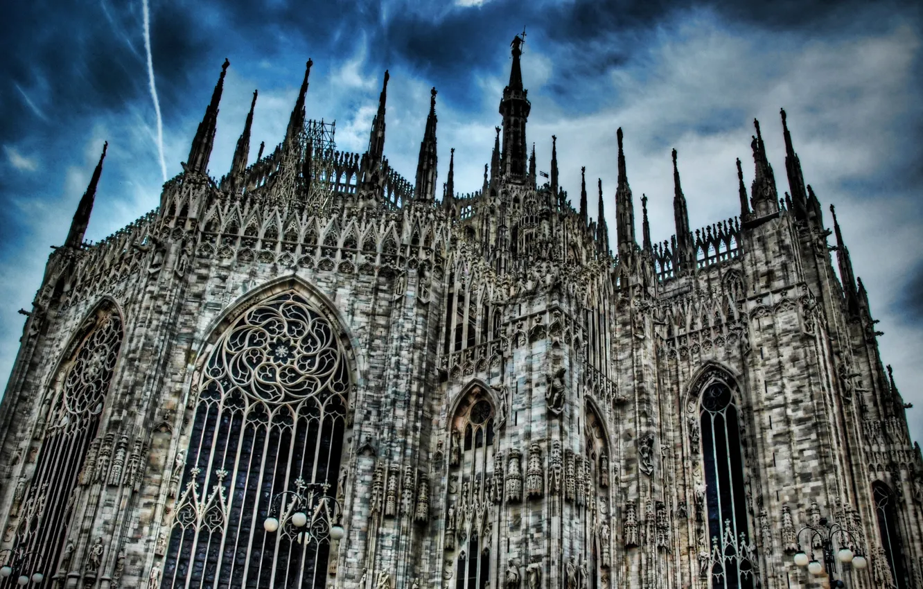 Photo wallpaper the sky, clouds, Gothic, hdr, Cathedral, architecture, Italia, Milano
