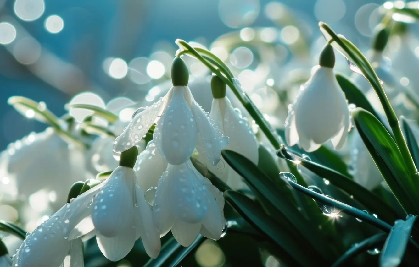 Photo wallpaper drops, light, flowers, glare, bouquet, spring, snowdrops, banner