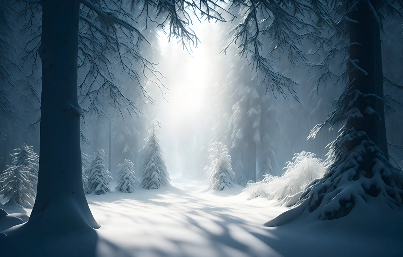Photo wallpaper winter, frost, forest, light, trees, branches, nature, fog