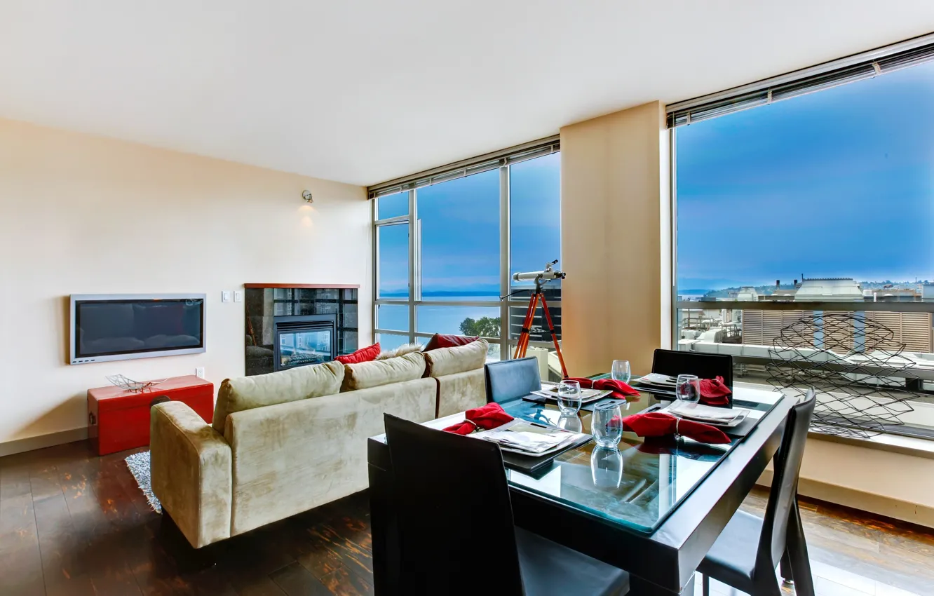 Photo wallpaper room, sofa, view, window