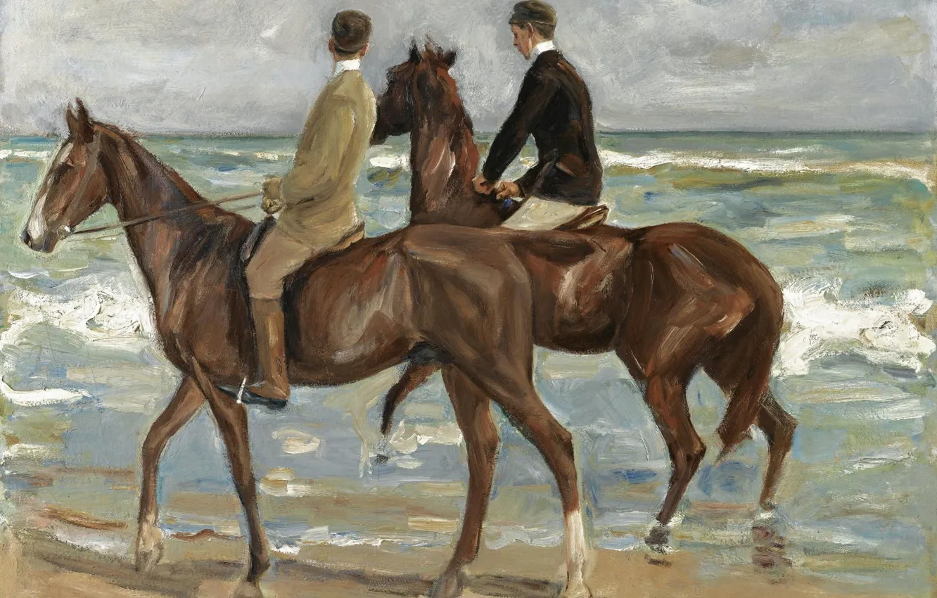 Photo wallpaper sea, horse, picture, Max Liebermann, Max Liebermann, Two riders on the Beach