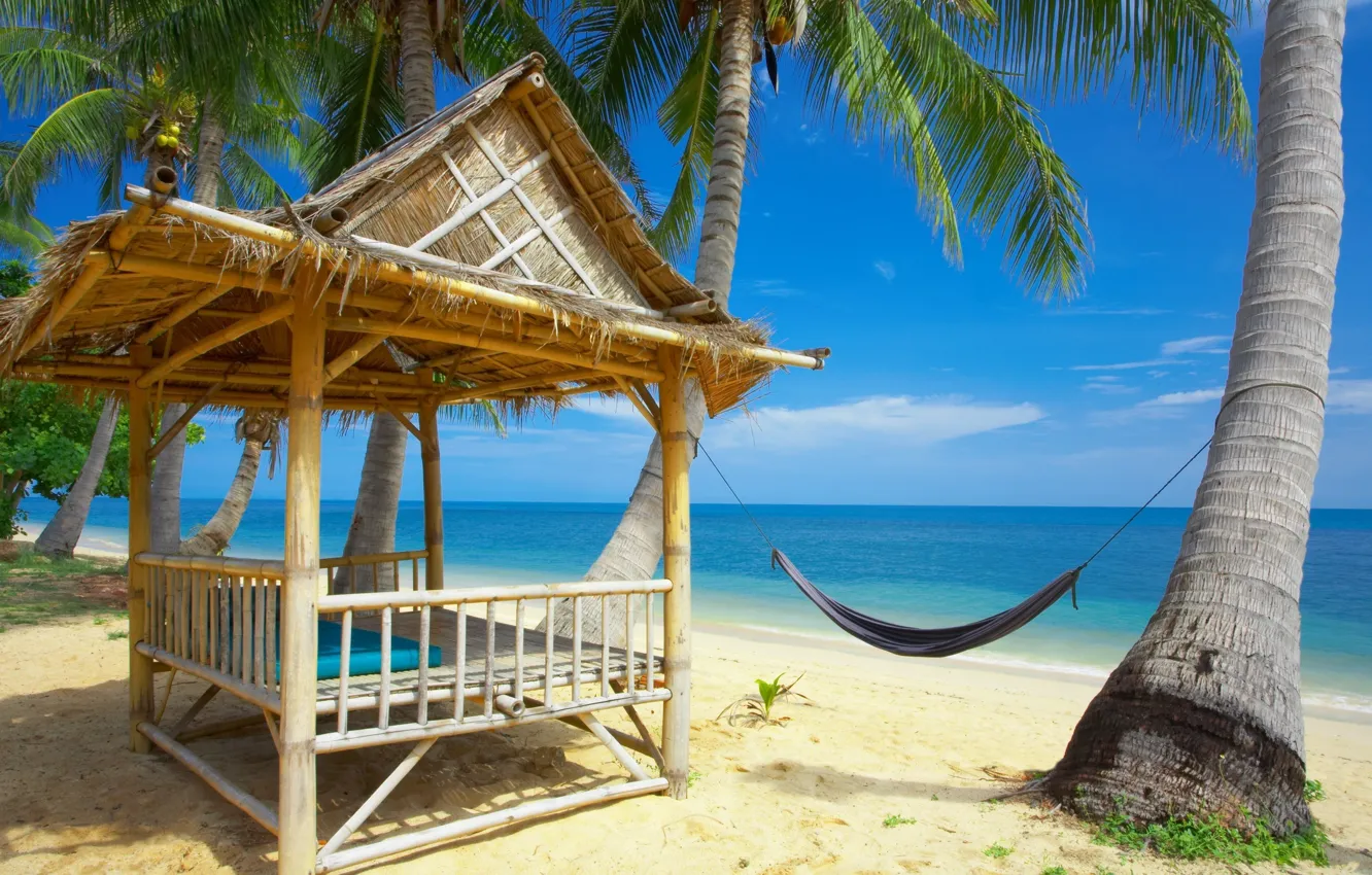 Photo wallpaper beach, the sky, palm trees, Sea, hammock, palm trees, hammock, the sky