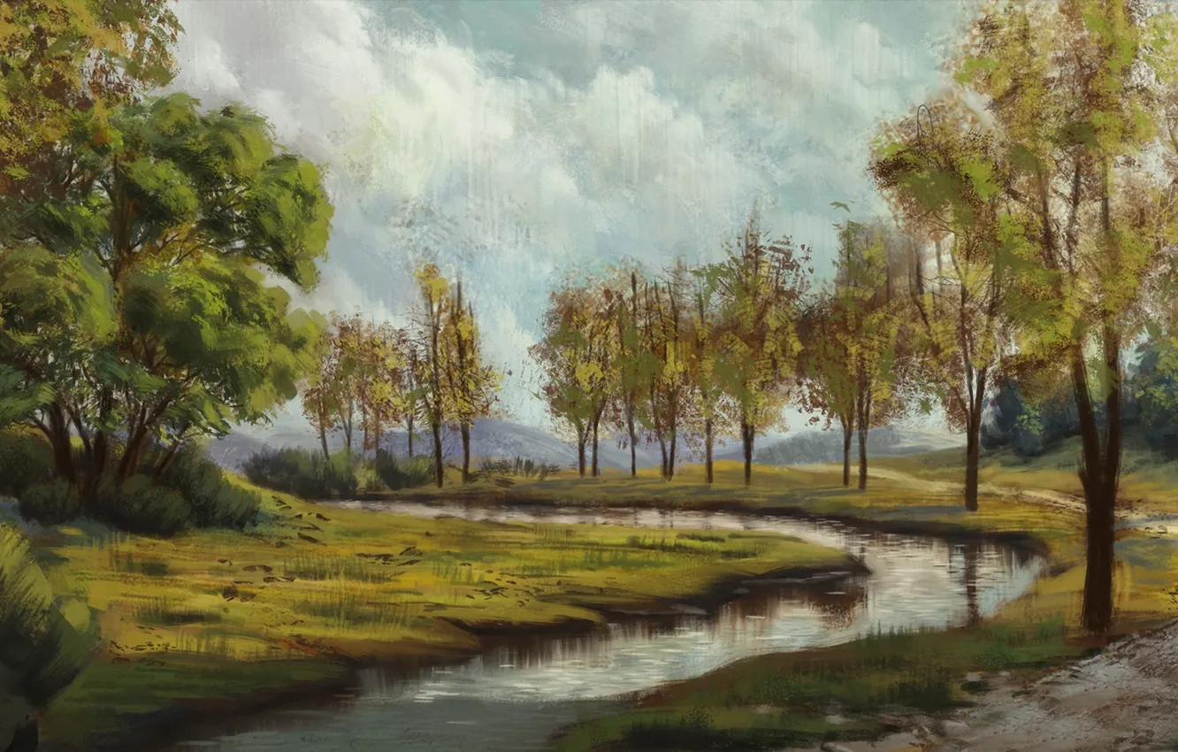 Photo wallpaper clouds, trees, river, painted landscape