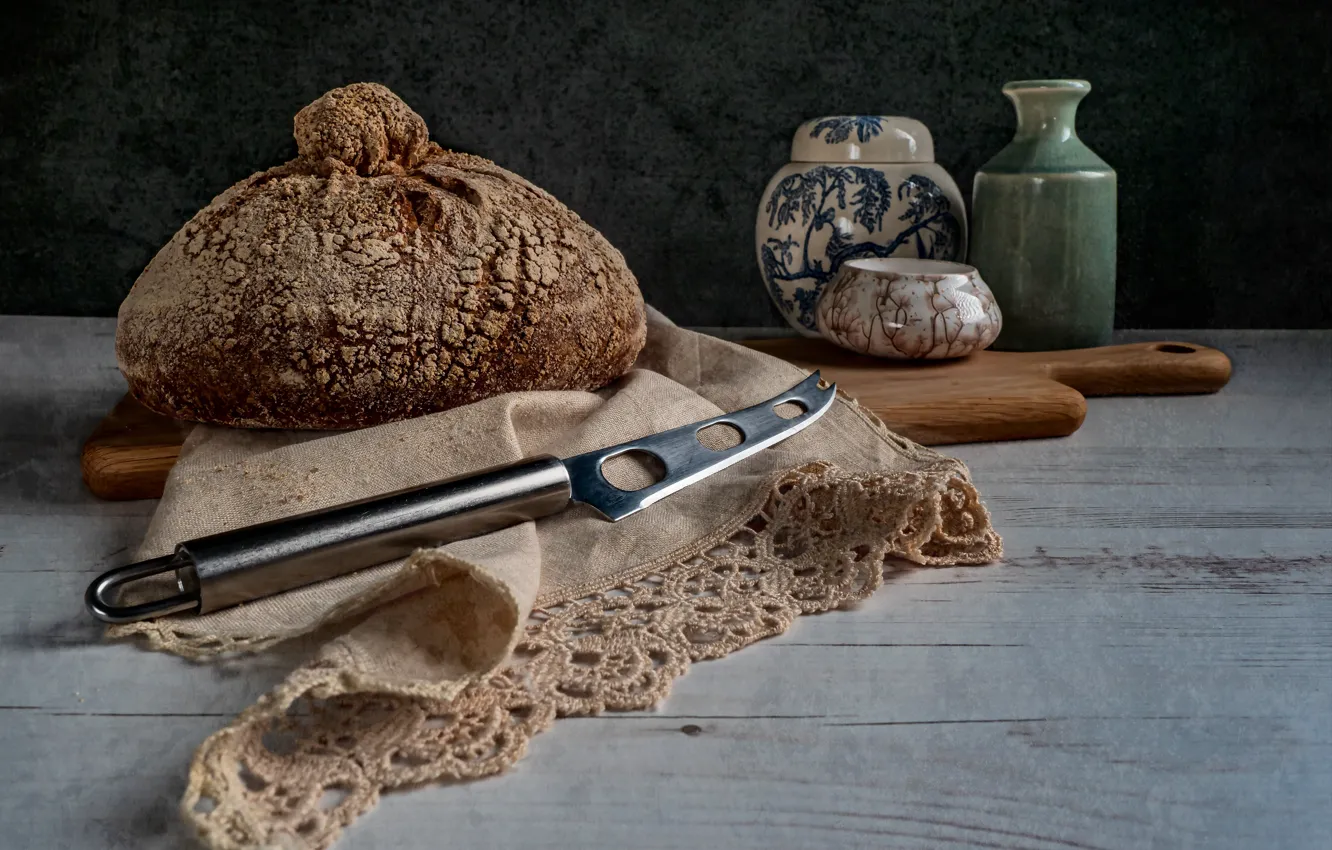 Photo wallpaper table, towel, bread, knife, still life, rye, cutting Board, salt shaker