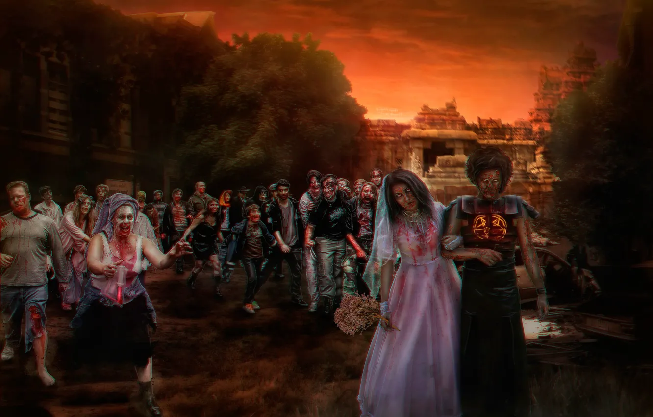 Photo wallpaper zombies, the bride, wedding, the groom