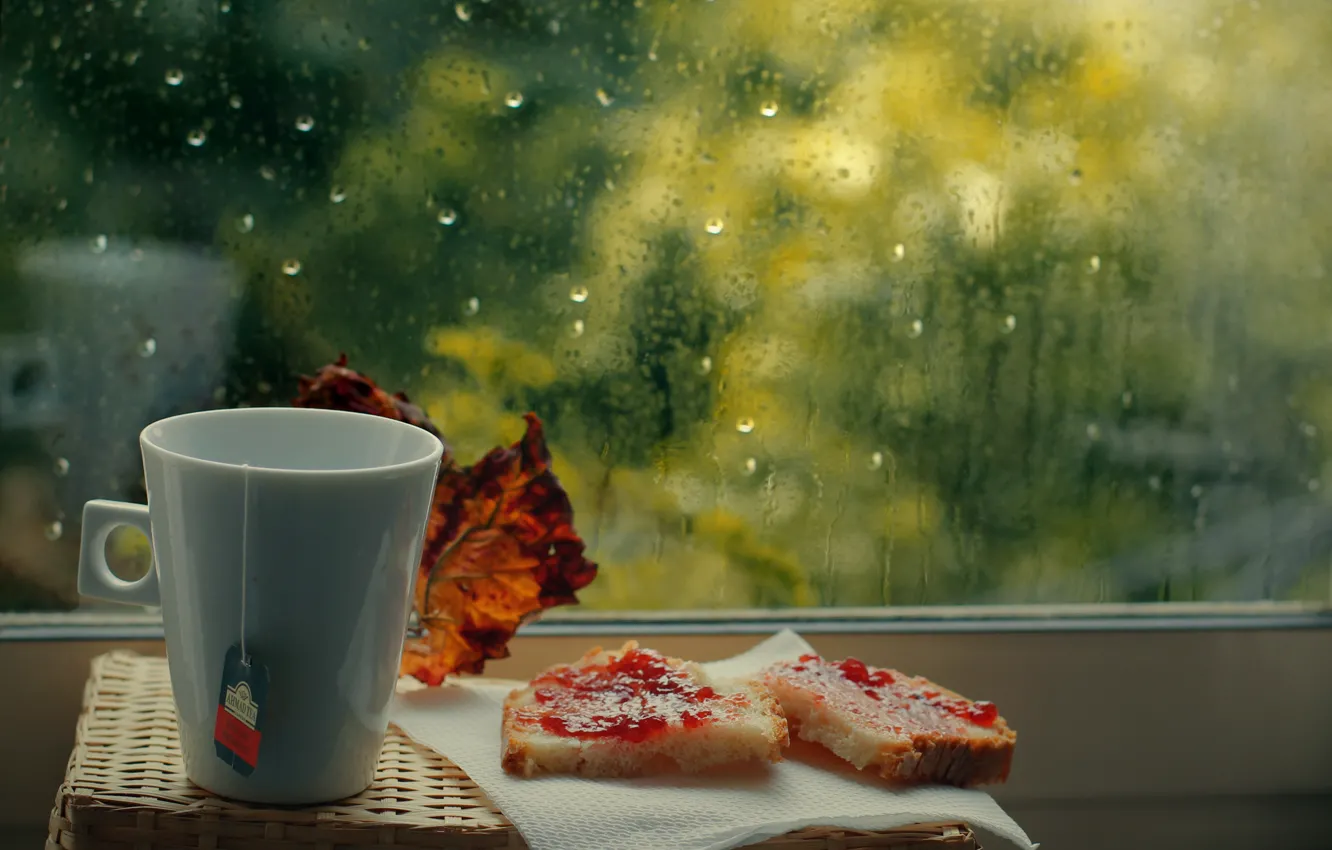 Photo wallpaper rain, tea, window, mug, Cup, jam, bag
