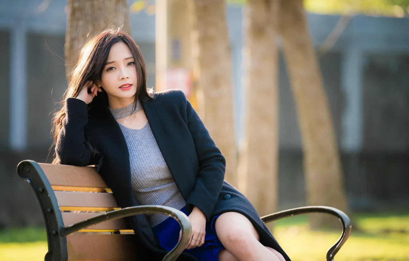 Photo wallpaper look, pose, Asian, coat, bench, bokeh