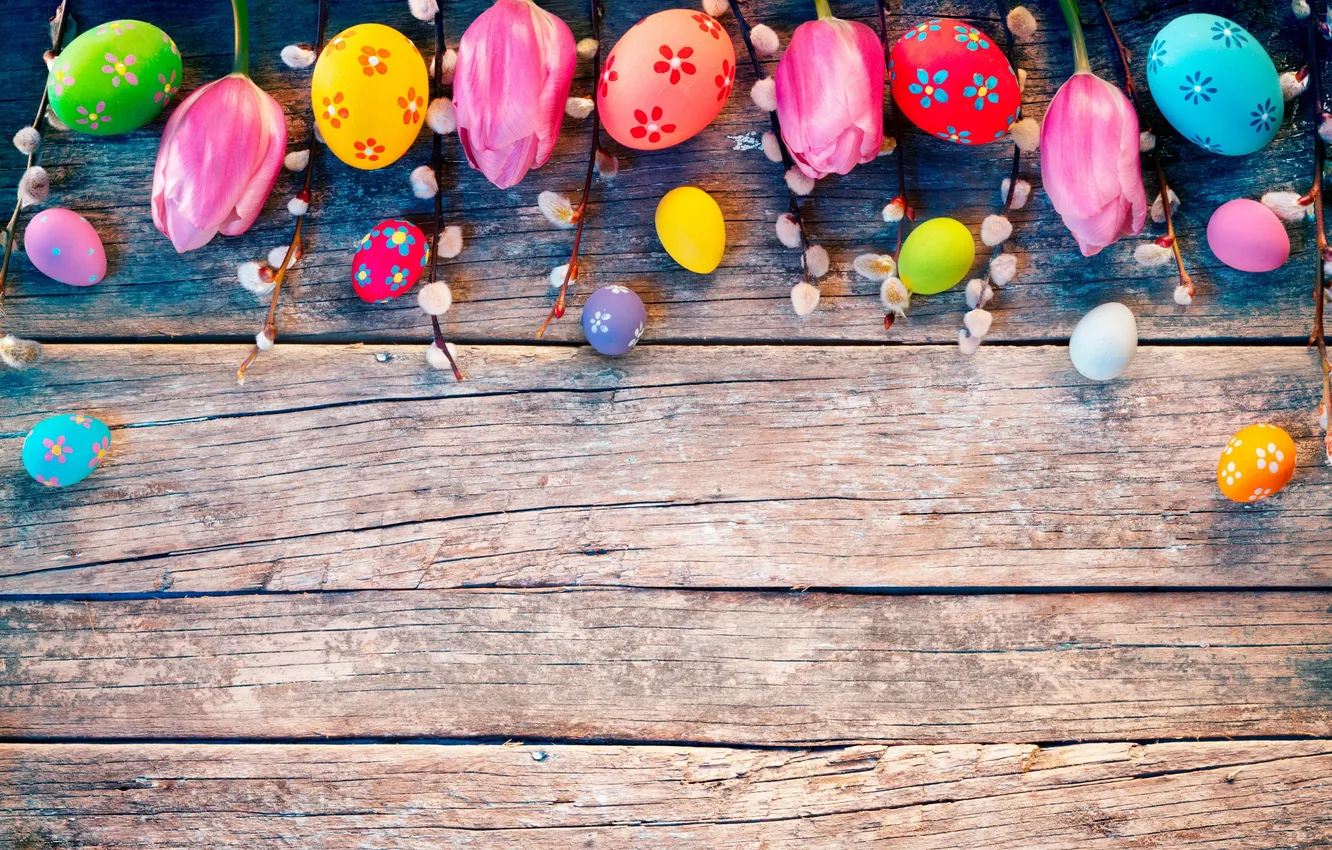 Photo wallpaper flowers, eggs, spring, colorful, Easter, wood, flowers, tulips