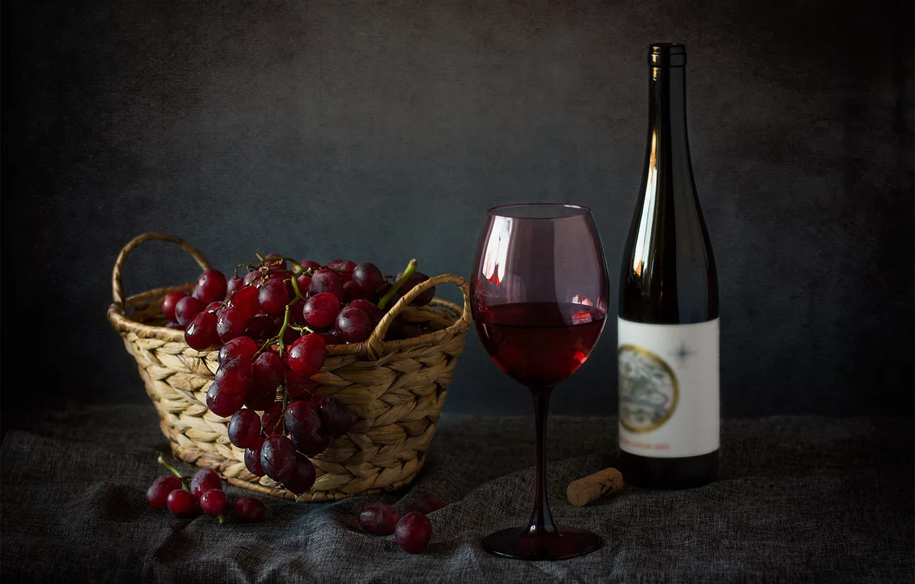 Photo wallpaper the dark background, table, wine, glass, bottle, grapes, tube, basket