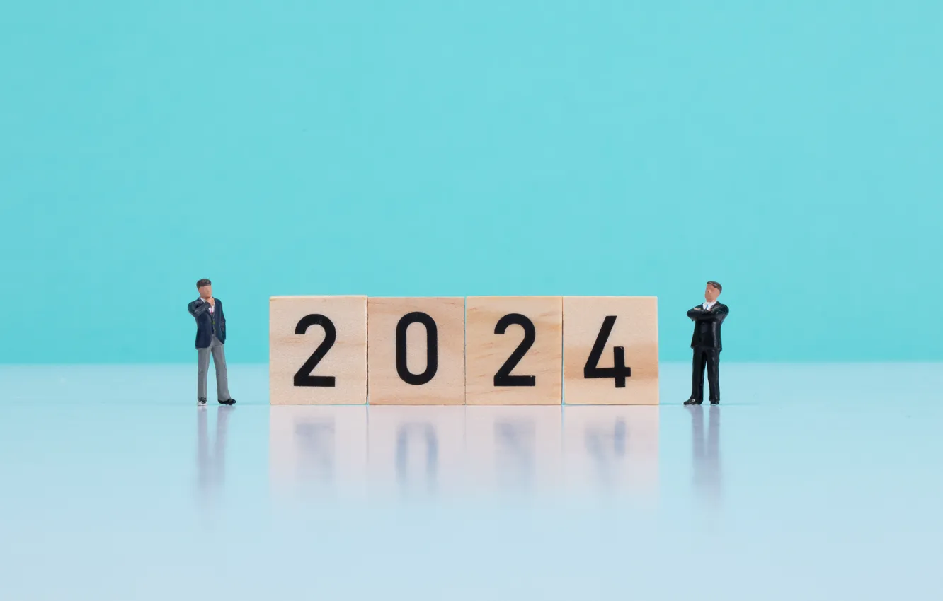 Photo wallpaper male, date, figures, New Year 2024, blue background, 2024, men, cubes