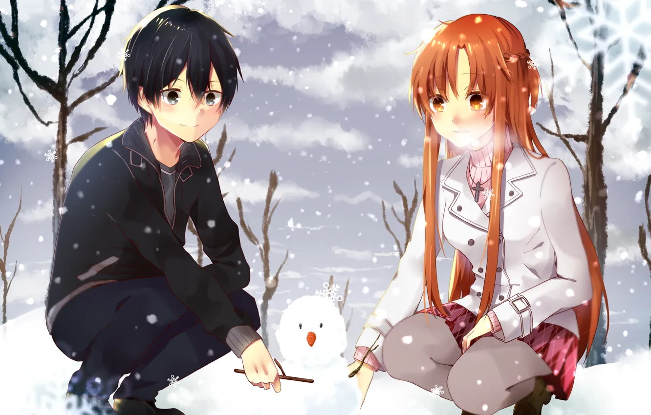Photo wallpaper girl, snow, snowman, guy, anime, art, sword art online, Asuna Yuuki