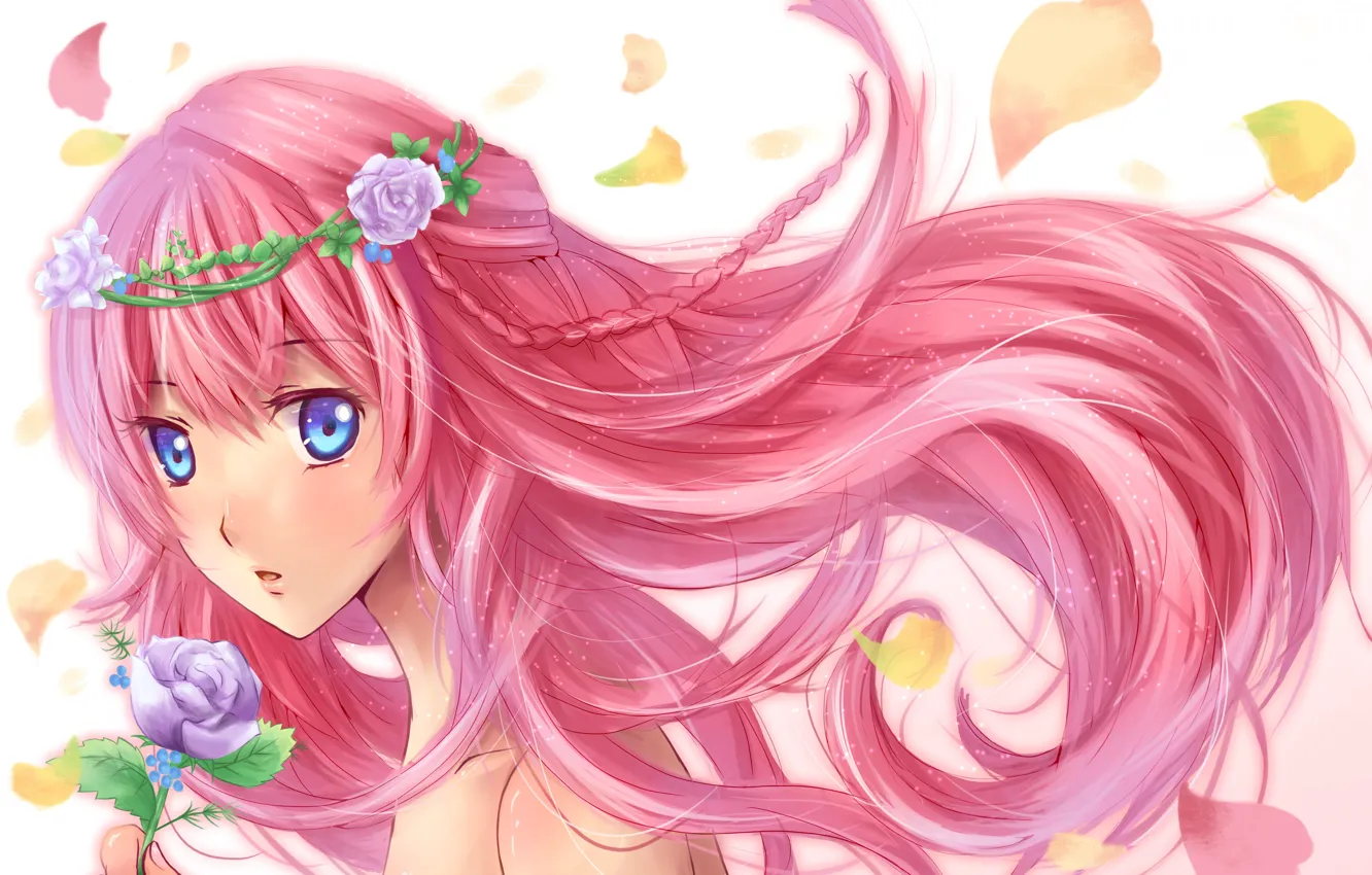 Photo wallpaper girl, flowers, roses, anime, petals, art, vocaloid, wreath